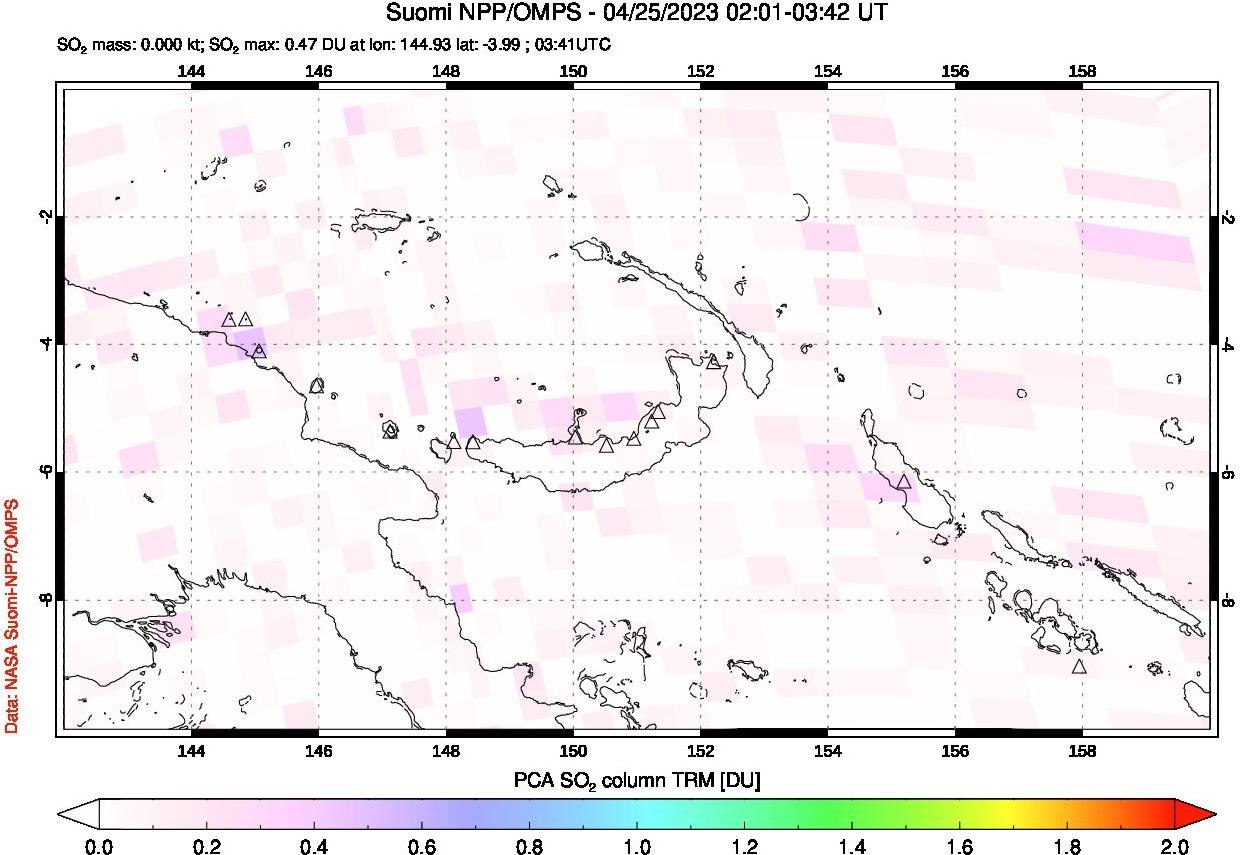 A sulfur dioxide image over Papua, New Guinea on Apr 25, 2023.
