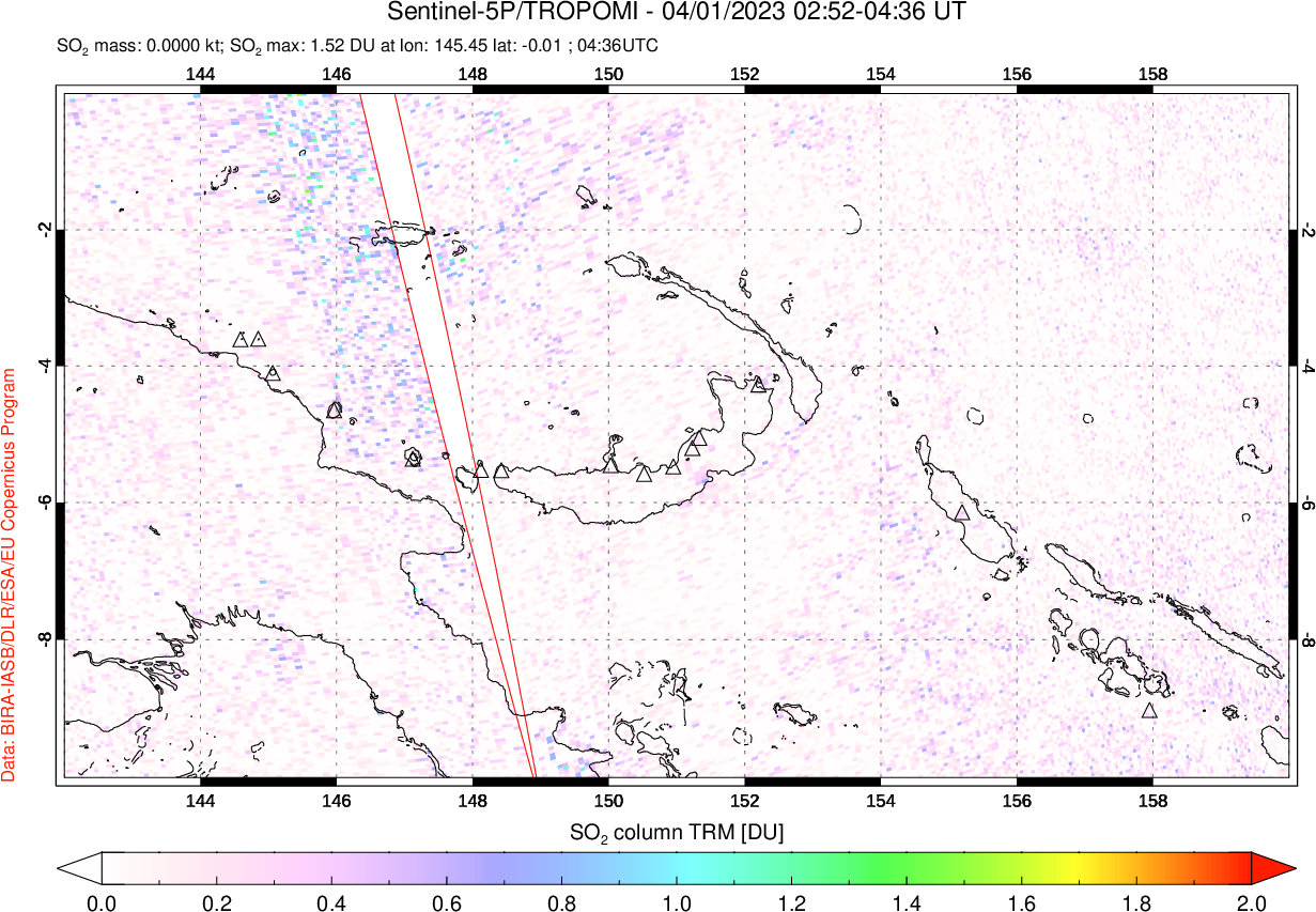 A sulfur dioxide image over Papua, New Guinea on Apr 01, 2023.