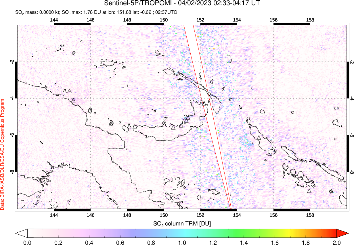 A sulfur dioxide image over Papua, New Guinea on Apr 02, 2023.