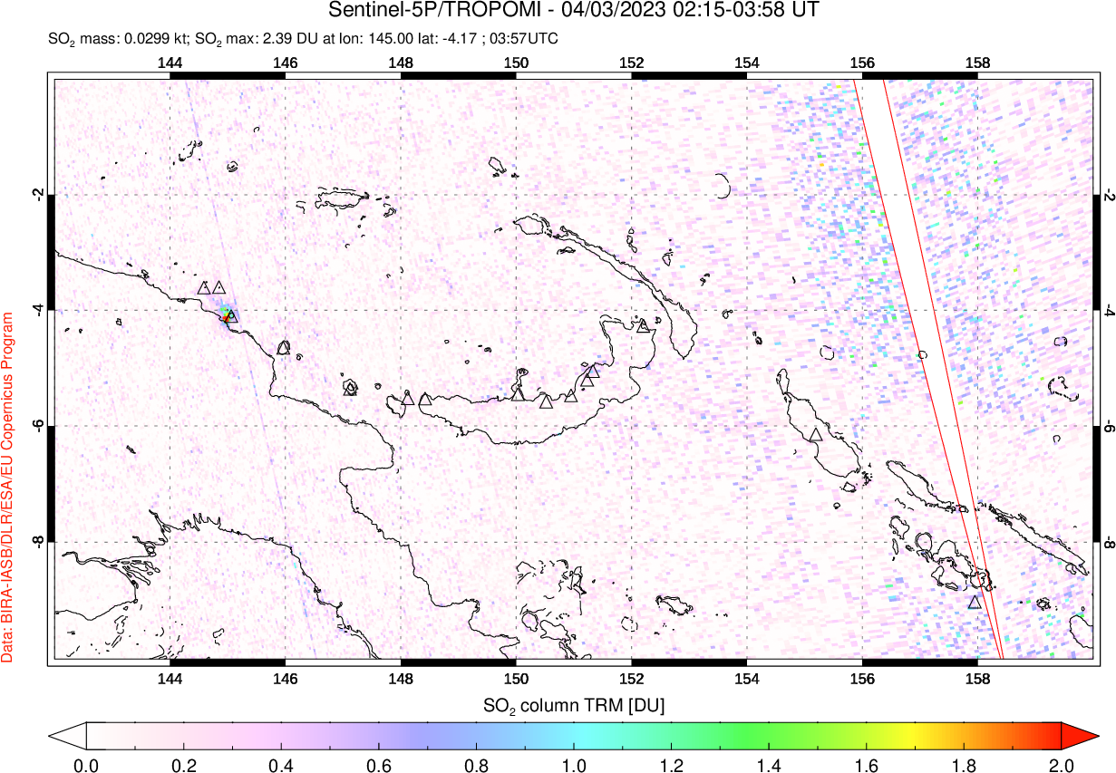 A sulfur dioxide image over Papua, New Guinea on Apr 03, 2023.