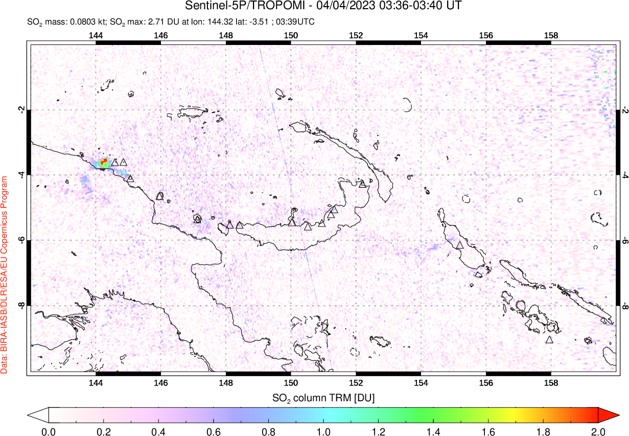 A sulfur dioxide image over Papua, New Guinea on Apr 04, 2023.