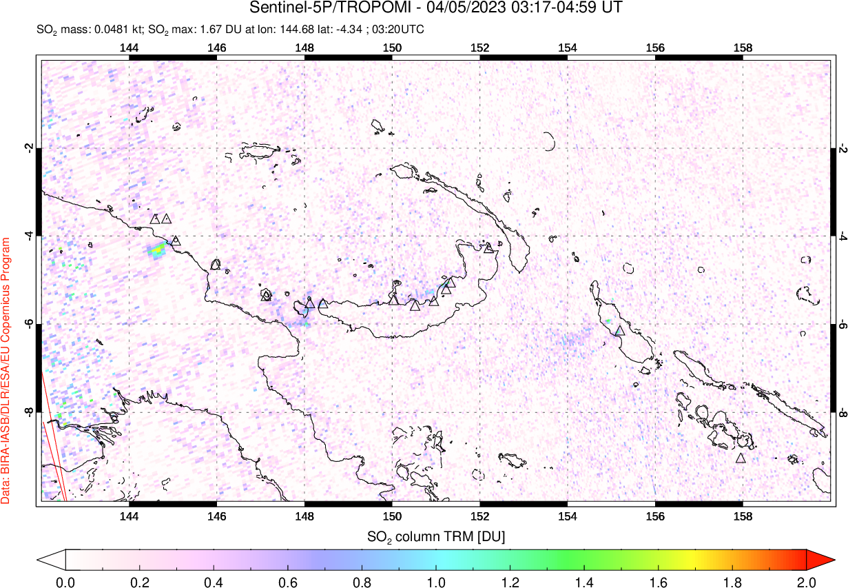 A sulfur dioxide image over Papua, New Guinea on Apr 05, 2023.