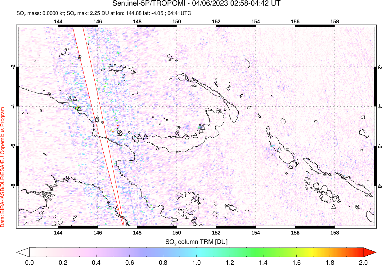 A sulfur dioxide image over Papua, New Guinea on Apr 06, 2023.