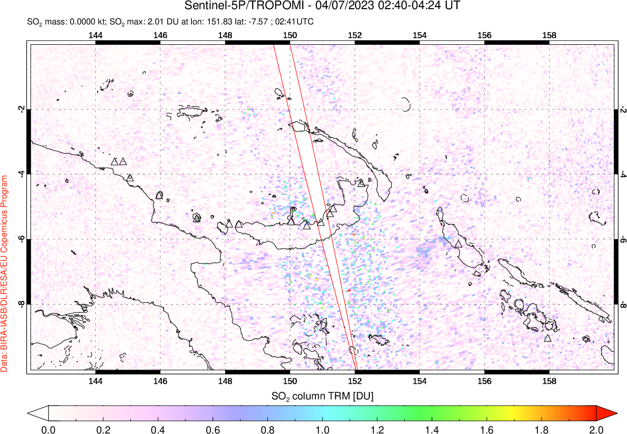 A sulfur dioxide image over Papua, New Guinea on Apr 07, 2023.