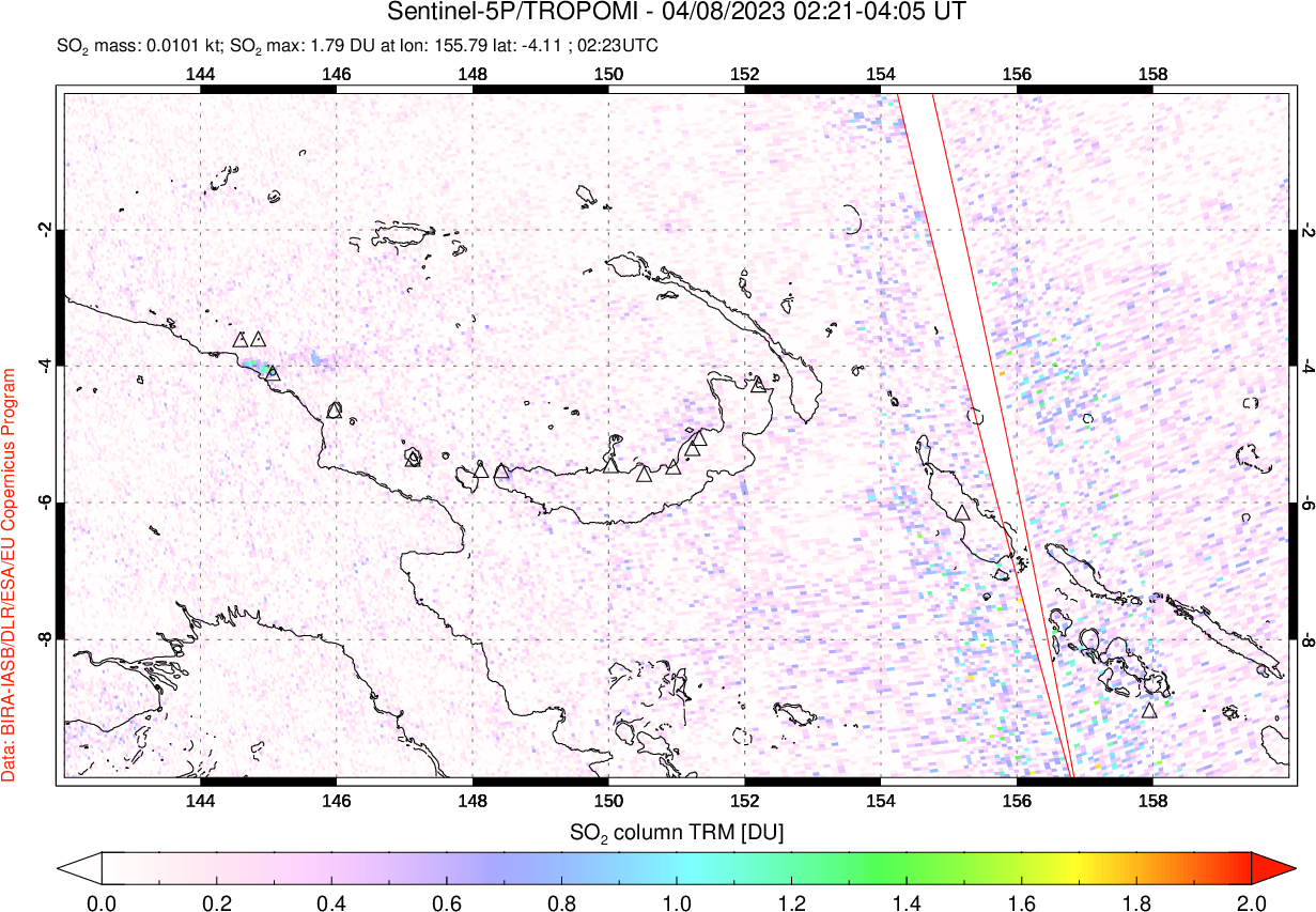 A sulfur dioxide image over Papua, New Guinea on Apr 08, 2023.