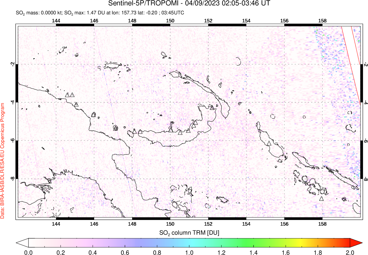 A sulfur dioxide image over Papua, New Guinea on Apr 09, 2023.