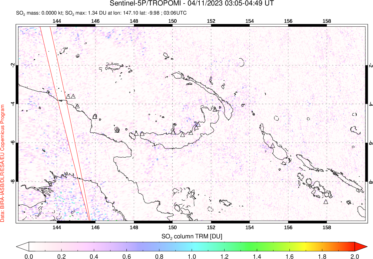A sulfur dioxide image over Papua, New Guinea on Apr 11, 2023.