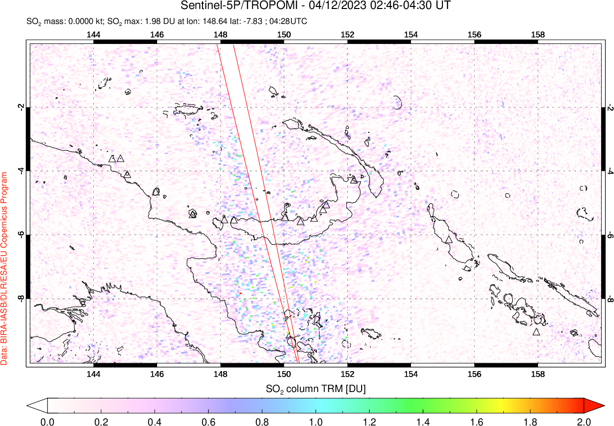 A sulfur dioxide image over Papua, New Guinea on Apr 12, 2023.