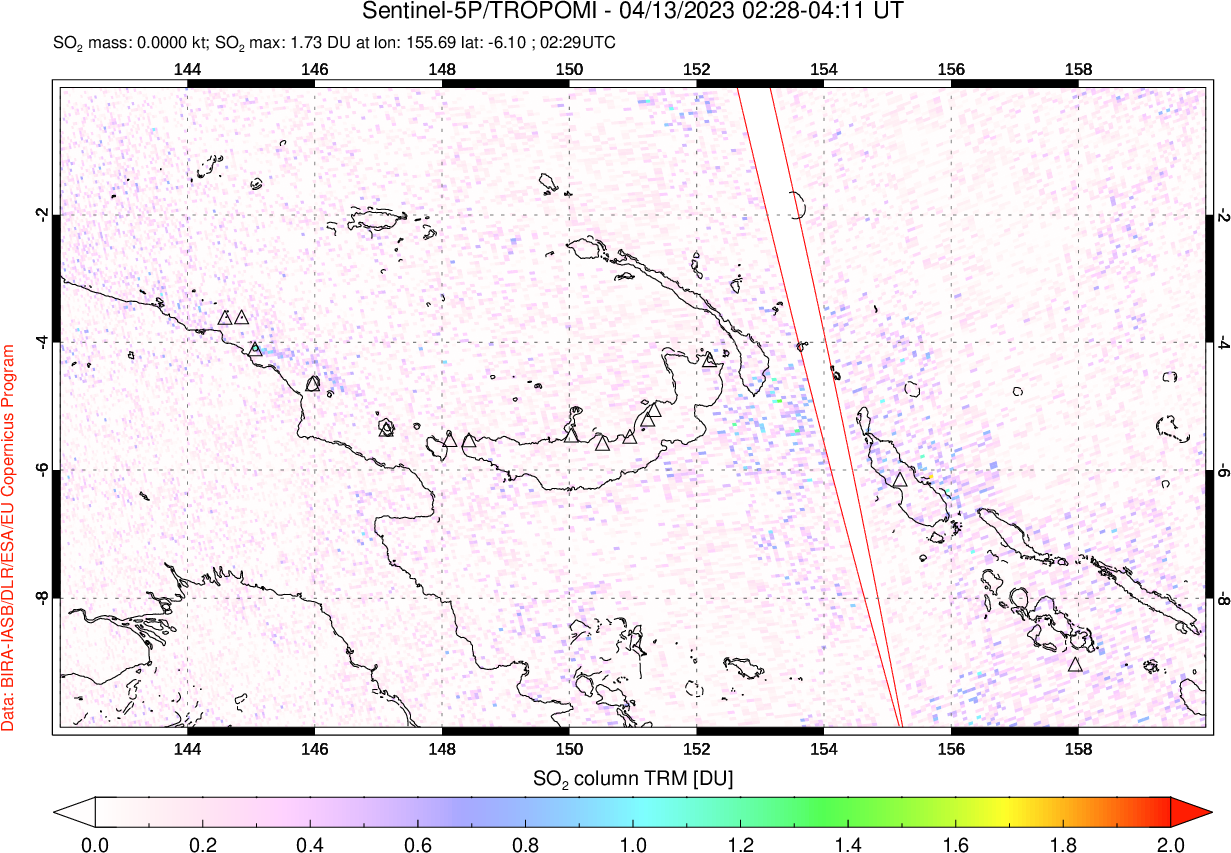 A sulfur dioxide image over Papua, New Guinea on Apr 13, 2023.