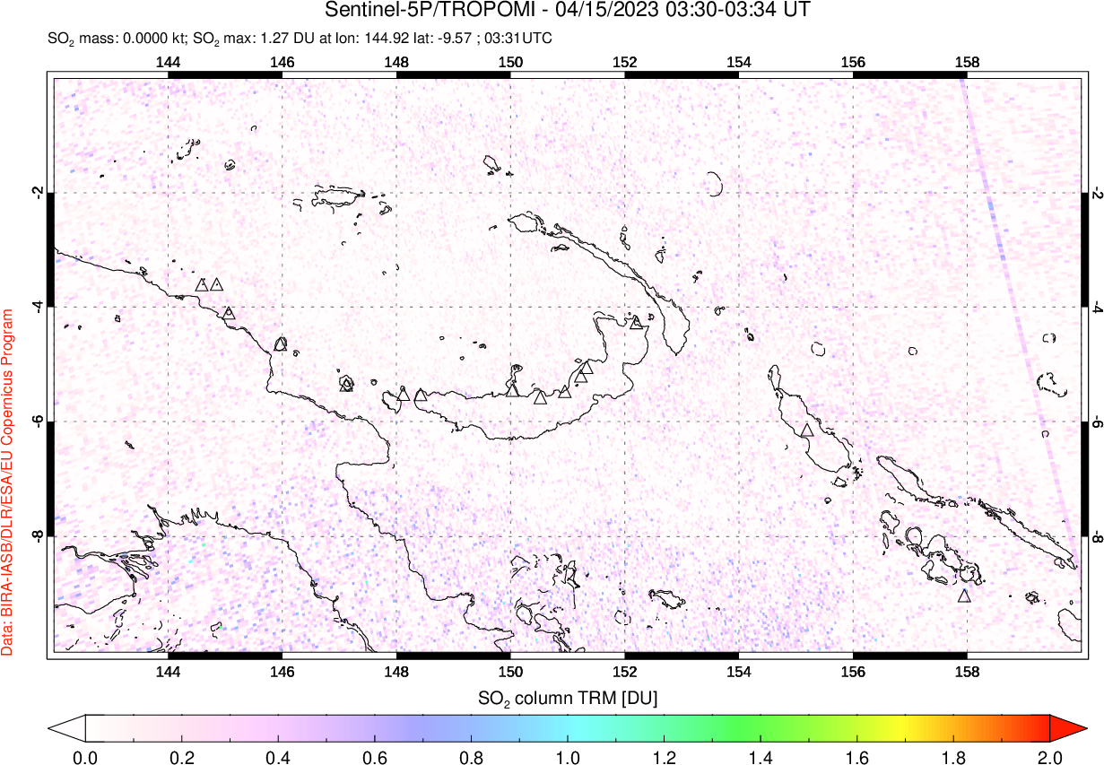 A sulfur dioxide image over Papua, New Guinea on Apr 15, 2023.