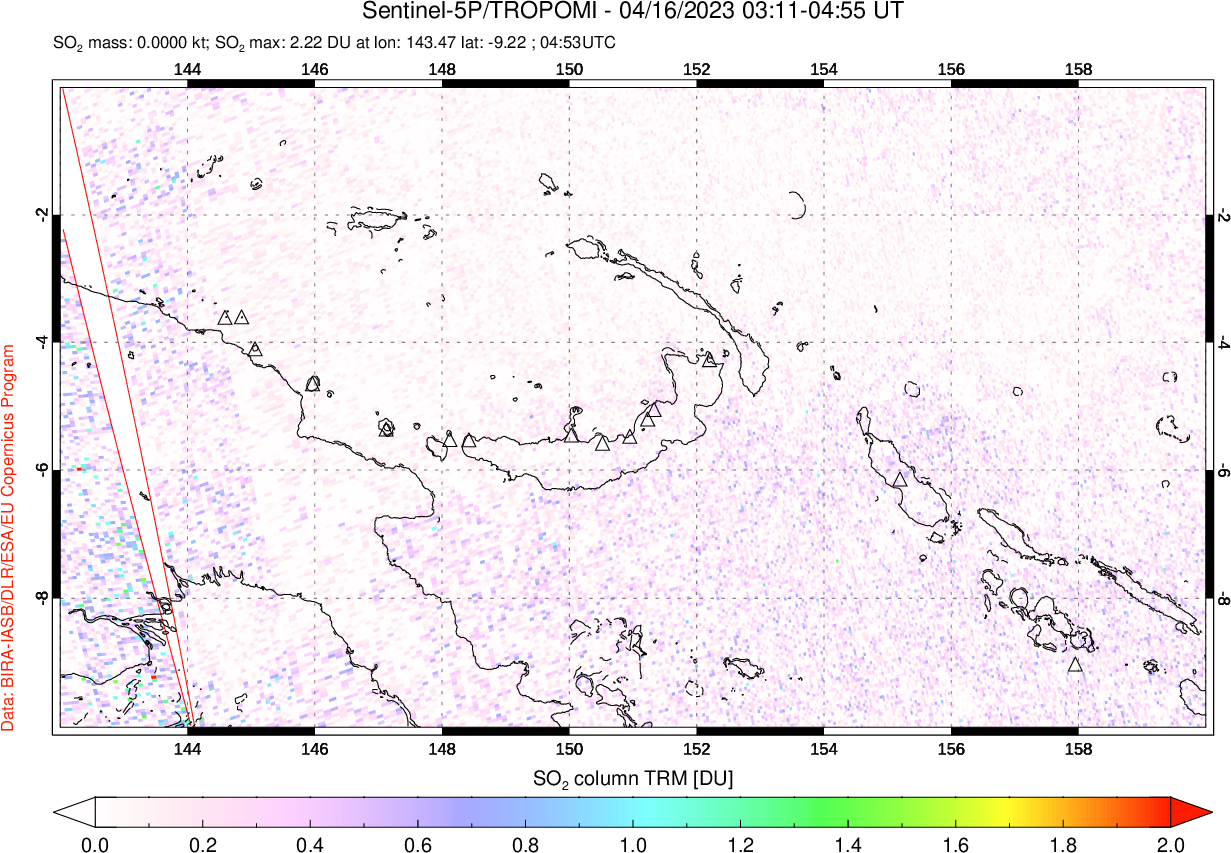 A sulfur dioxide image over Papua, New Guinea on Apr 16, 2023.