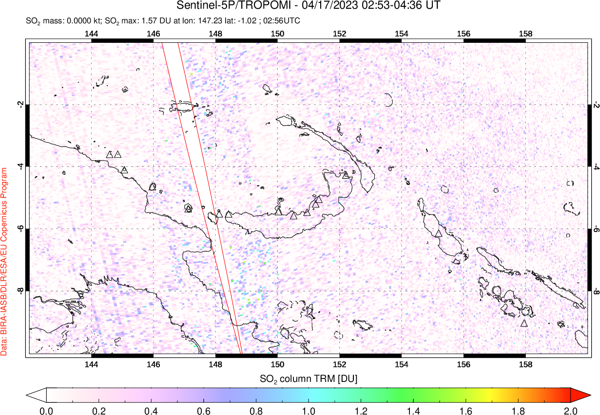 A sulfur dioxide image over Papua, New Guinea on Apr 17, 2023.