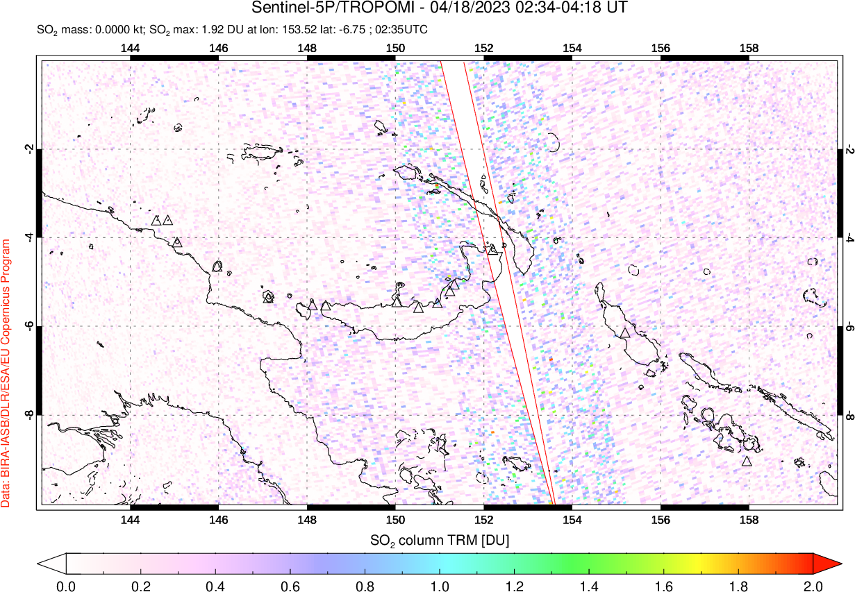 A sulfur dioxide image over Papua, New Guinea on Apr 18, 2023.