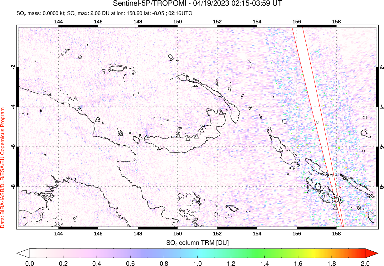 A sulfur dioxide image over Papua, New Guinea on Apr 19, 2023.