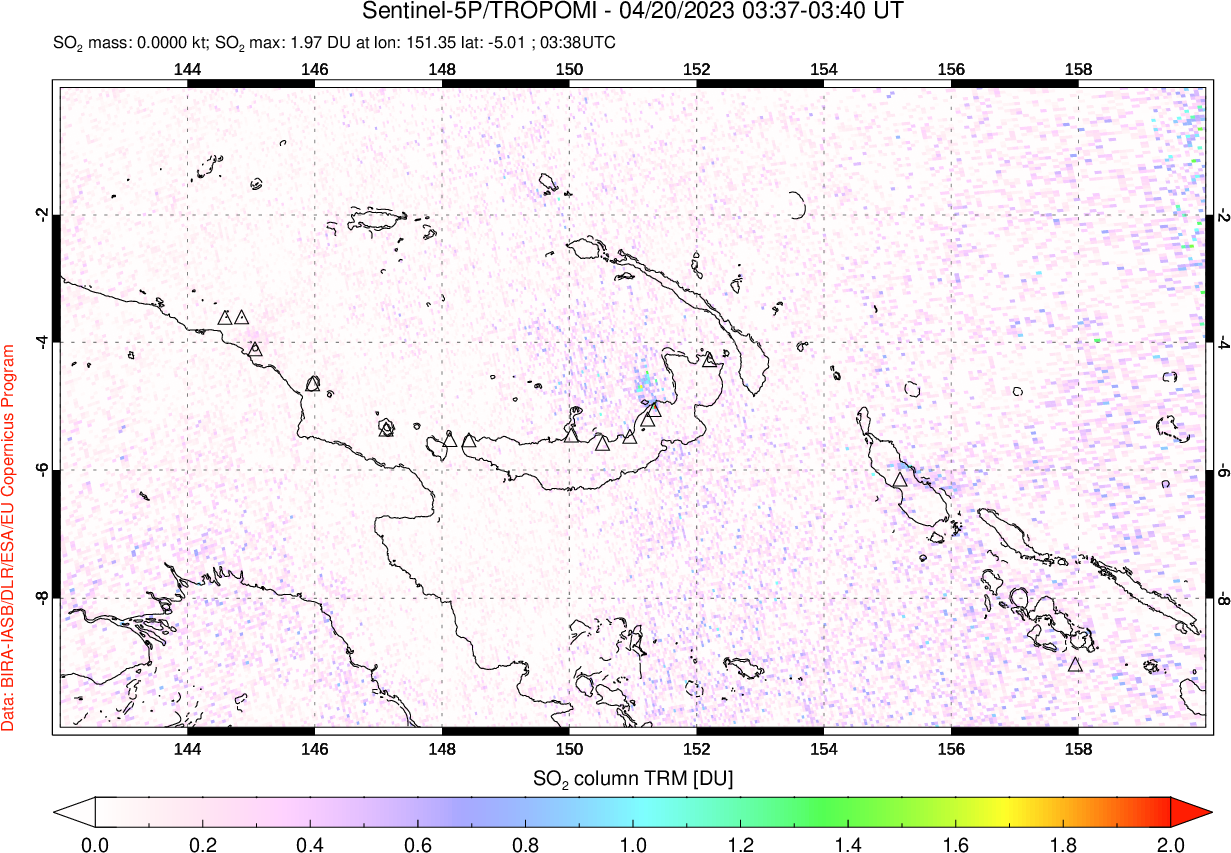 A sulfur dioxide image over Papua, New Guinea on Apr 20, 2023.