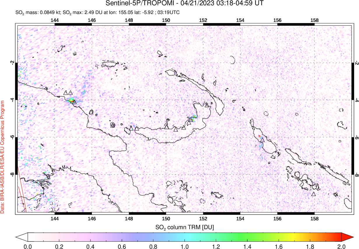 A sulfur dioxide image over Papua, New Guinea on Apr 21, 2023.