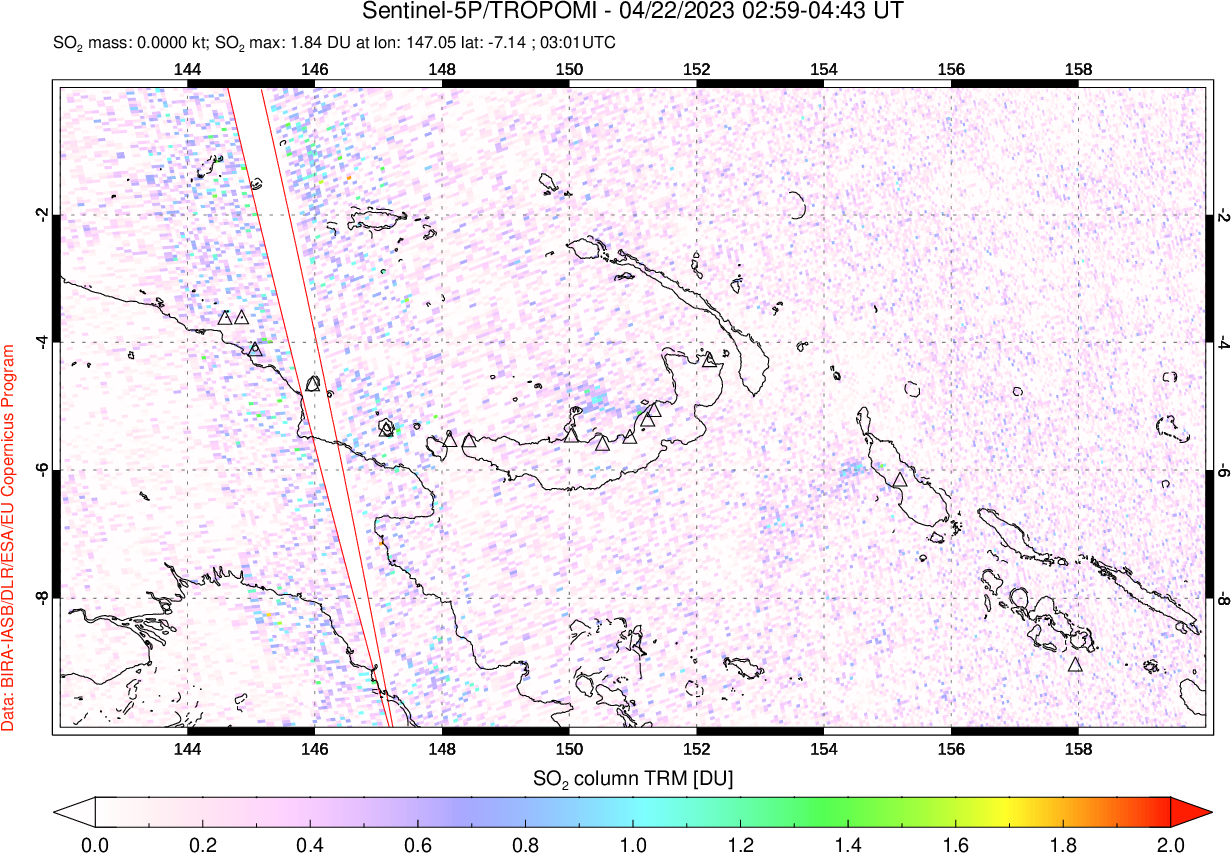 A sulfur dioxide image over Papua, New Guinea on Apr 22, 2023.