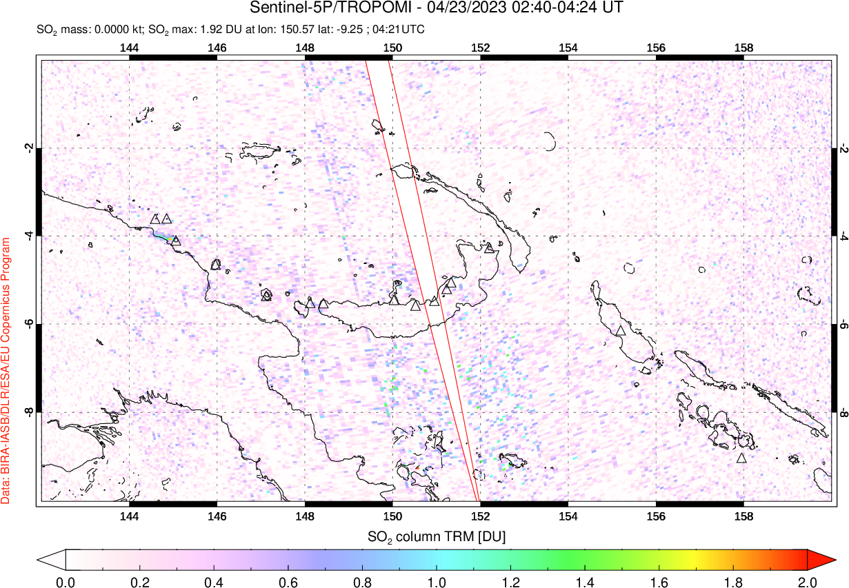 A sulfur dioxide image over Papua, New Guinea on Apr 23, 2023.