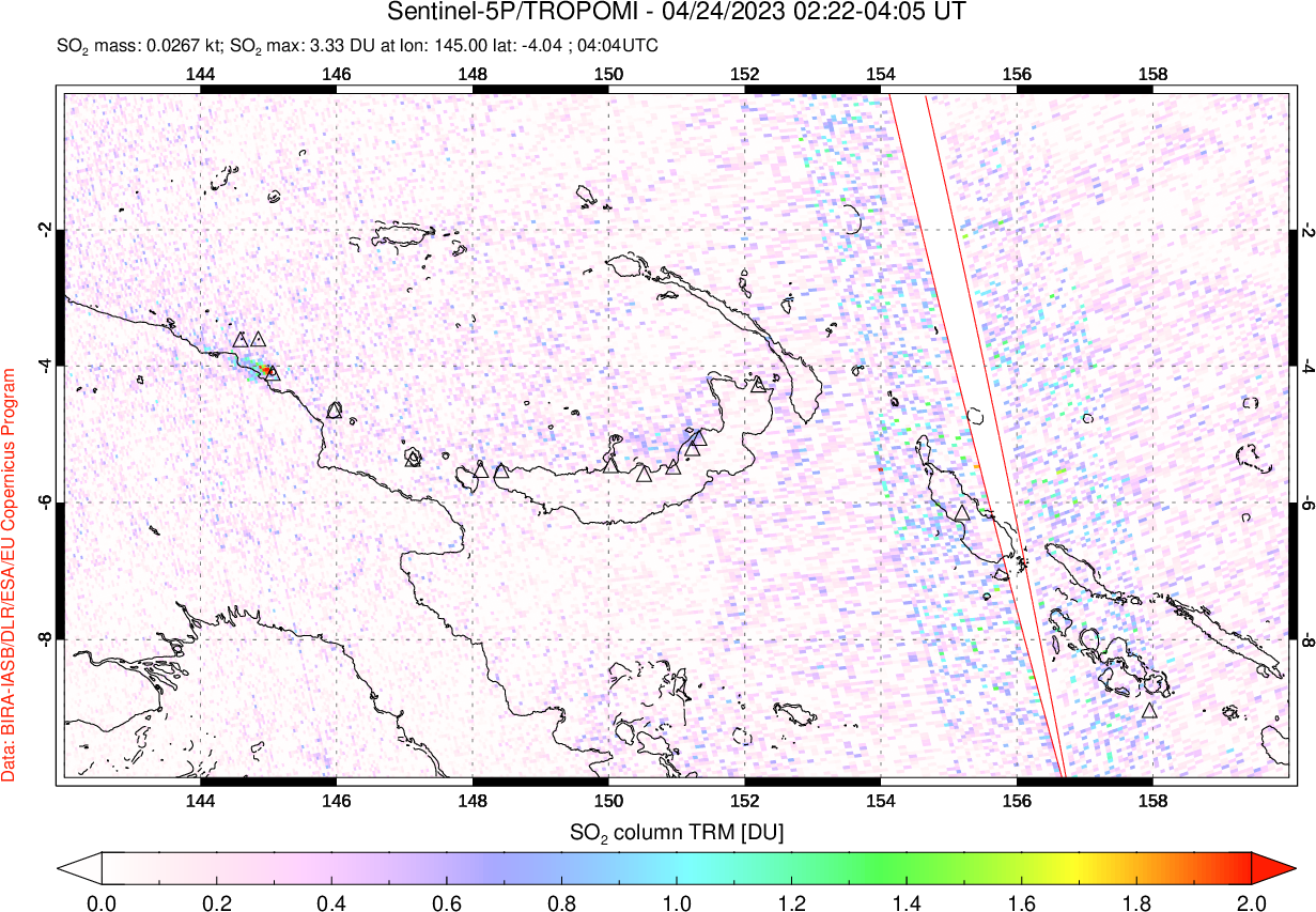 A sulfur dioxide image over Papua, New Guinea on Apr 24, 2023.