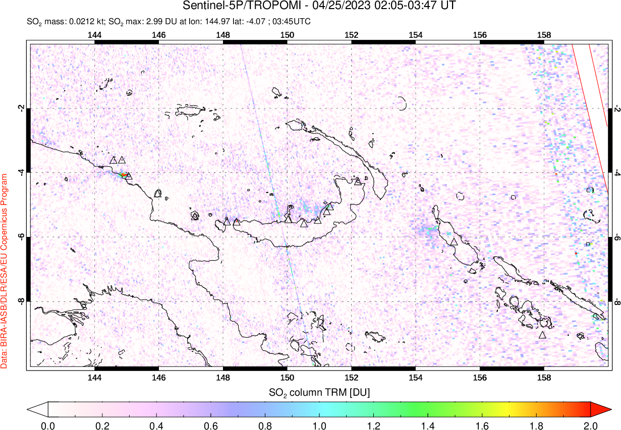 A sulfur dioxide image over Papua, New Guinea on Apr 25, 2023.