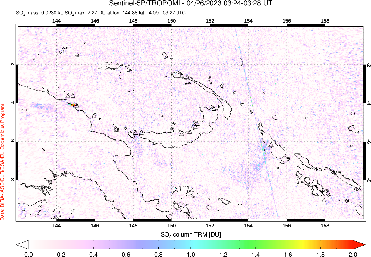 A sulfur dioxide image over Papua, New Guinea on Apr 26, 2023.
