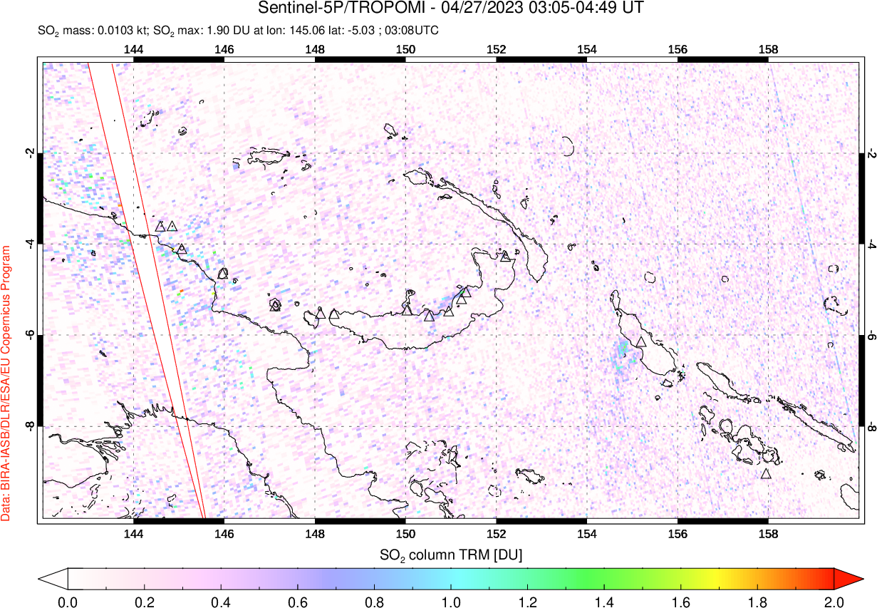 A sulfur dioxide image over Papua, New Guinea on Apr 27, 2023.