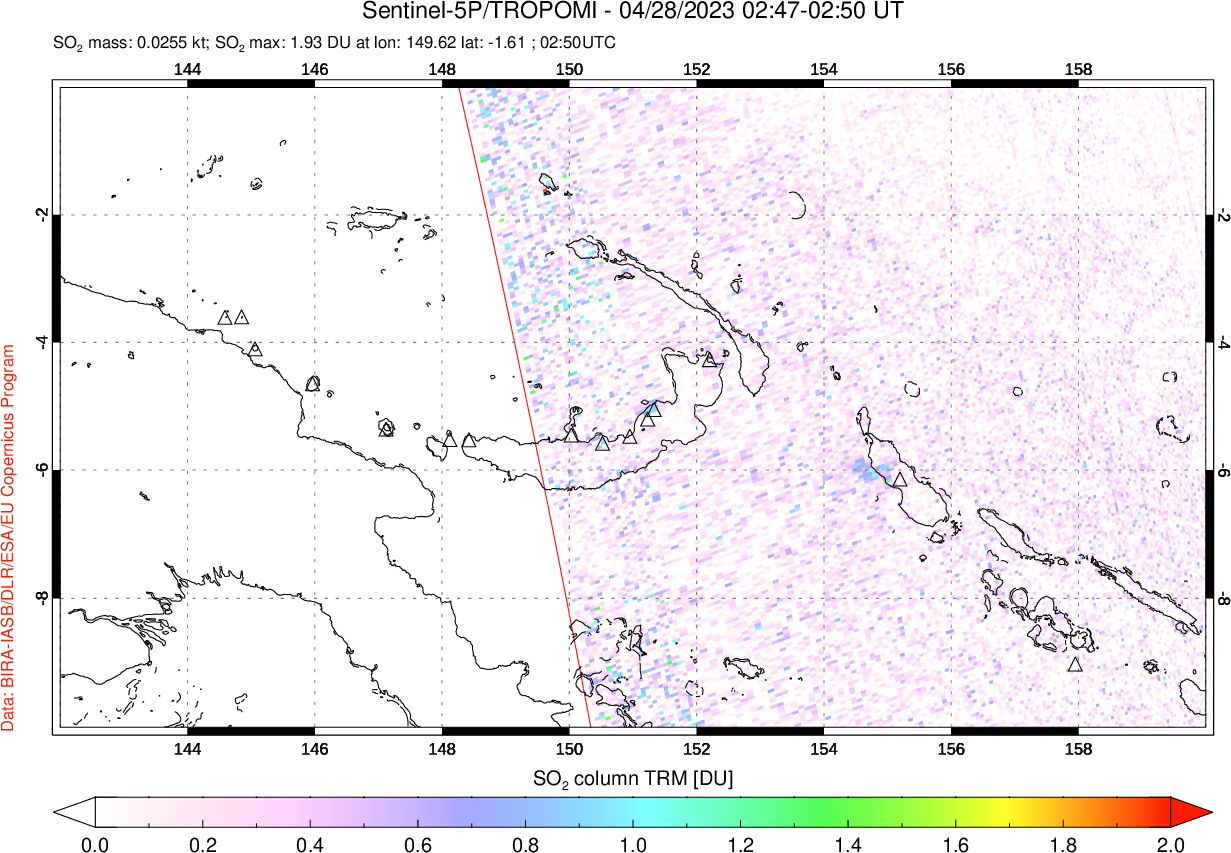 A sulfur dioxide image over Papua, New Guinea on Apr 28, 2023.
