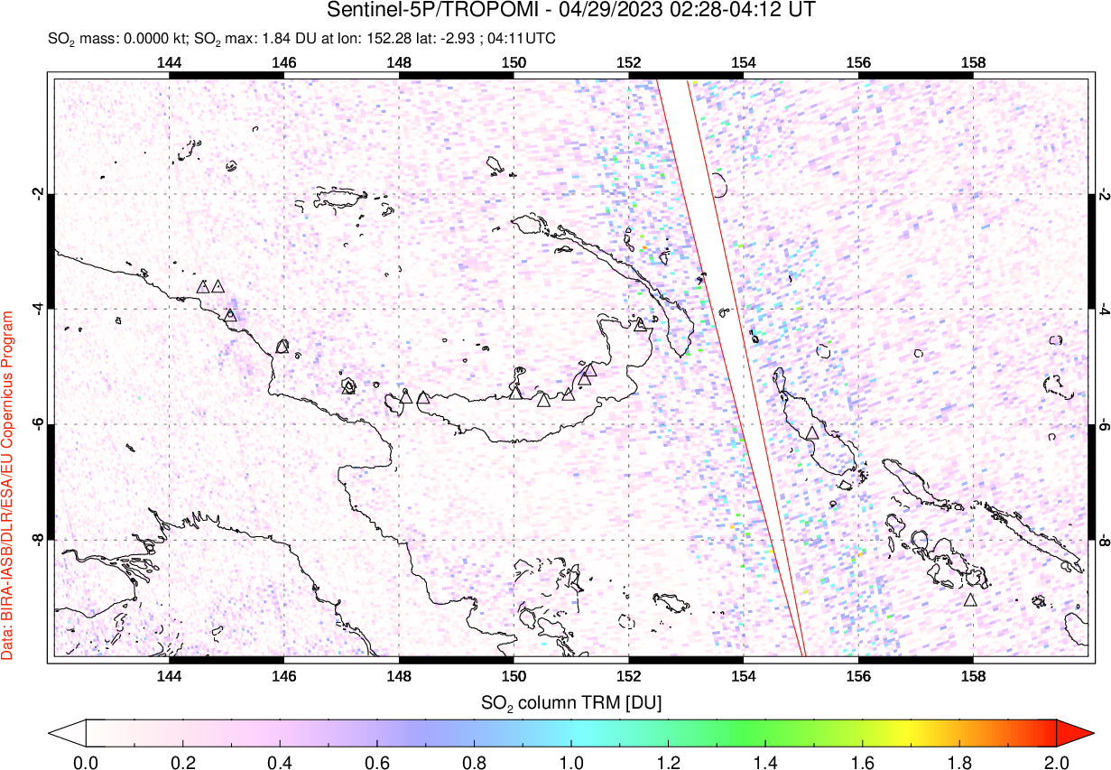 A sulfur dioxide image over Papua, New Guinea on Apr 29, 2023.