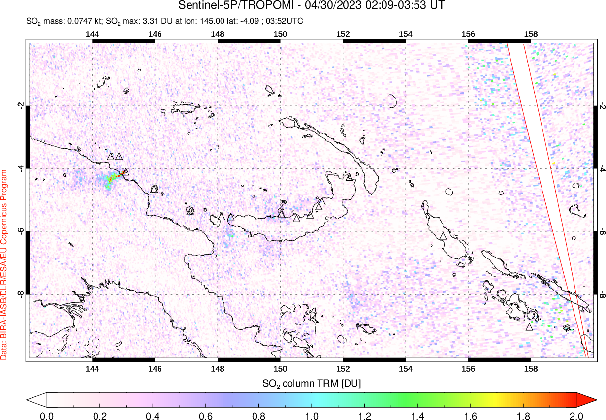 A sulfur dioxide image over Papua, New Guinea on Apr 30, 2023.