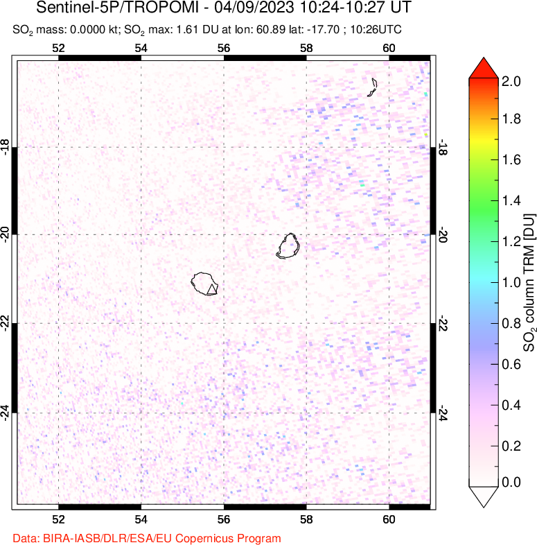 A sulfur dioxide image over Reunion Island, Indian Ocean on Apr 09, 2023.