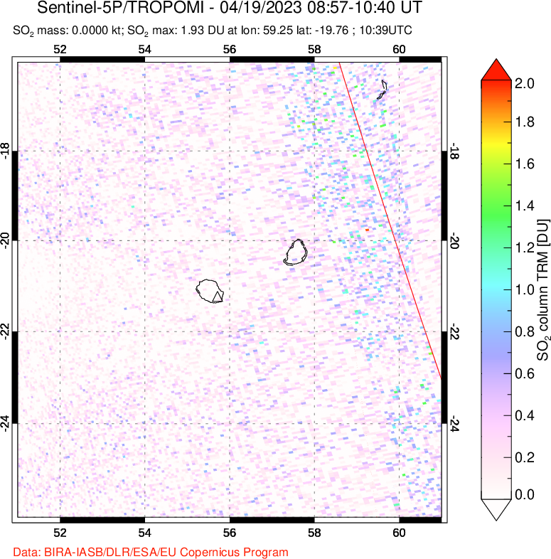 A sulfur dioxide image over Reunion Island, Indian Ocean on Apr 19, 2023.