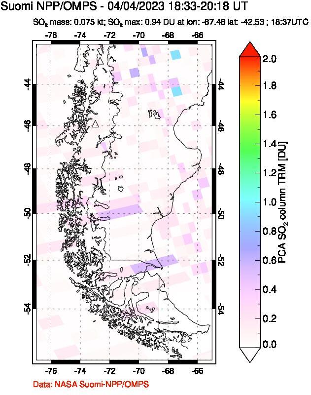 A sulfur dioxide image over Southern Chile on Apr 04, 2023.