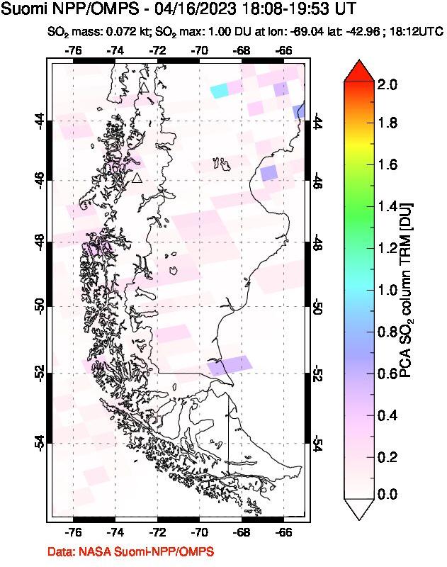 A sulfur dioxide image over Southern Chile on Apr 16, 2023.