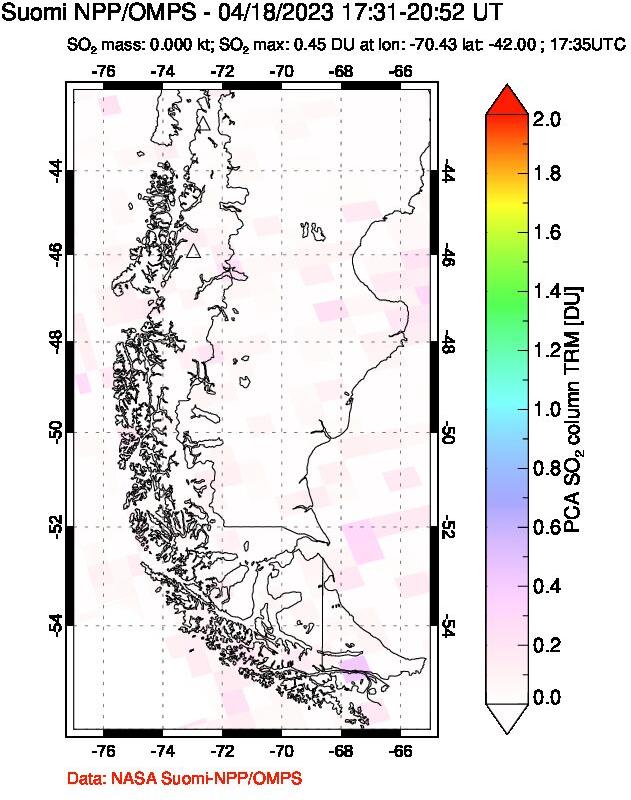 A sulfur dioxide image over Southern Chile on Apr 18, 2023.