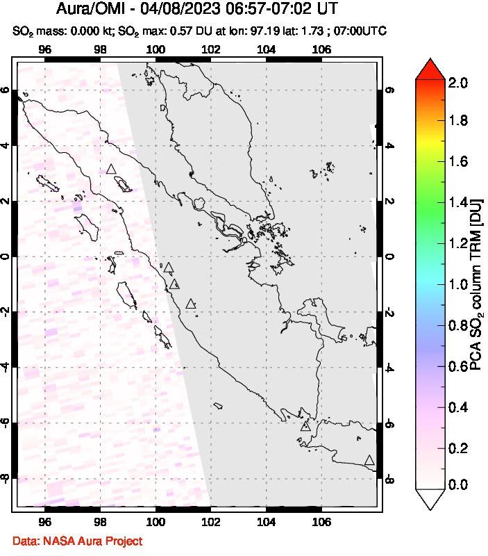 A sulfur dioxide image over Sumatra, Indonesia on Apr 08, 2023.