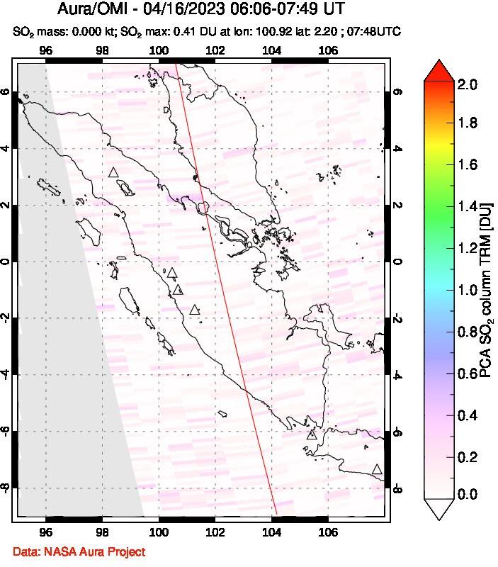 A sulfur dioxide image over Sumatra, Indonesia on Apr 16, 2023.