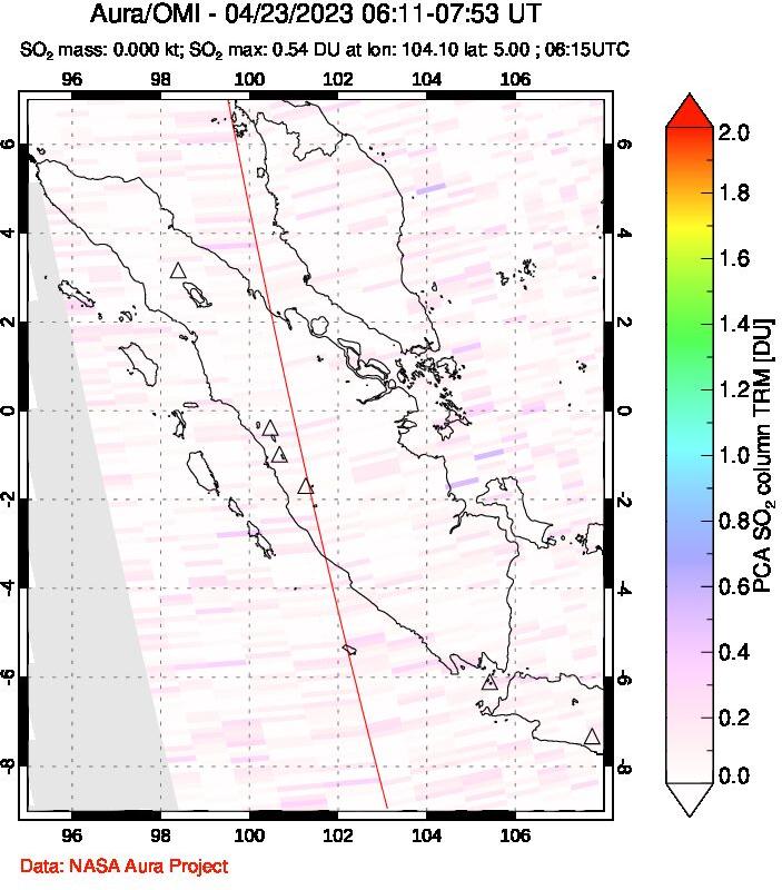 A sulfur dioxide image over Sumatra, Indonesia on Apr 23, 2023.
