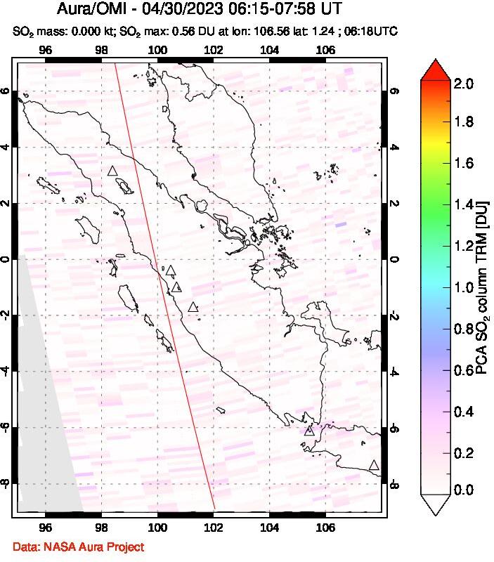 A sulfur dioxide image over Sumatra, Indonesia on Apr 30, 2023.