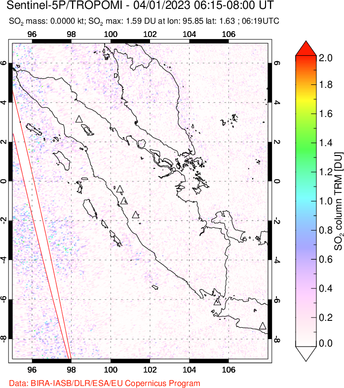 A sulfur dioxide image over Sumatra, Indonesia on Apr 01, 2023.