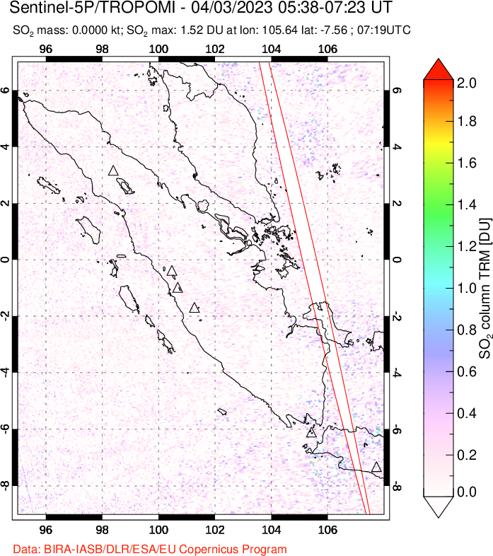 A sulfur dioxide image over Sumatra, Indonesia on Apr 03, 2023.