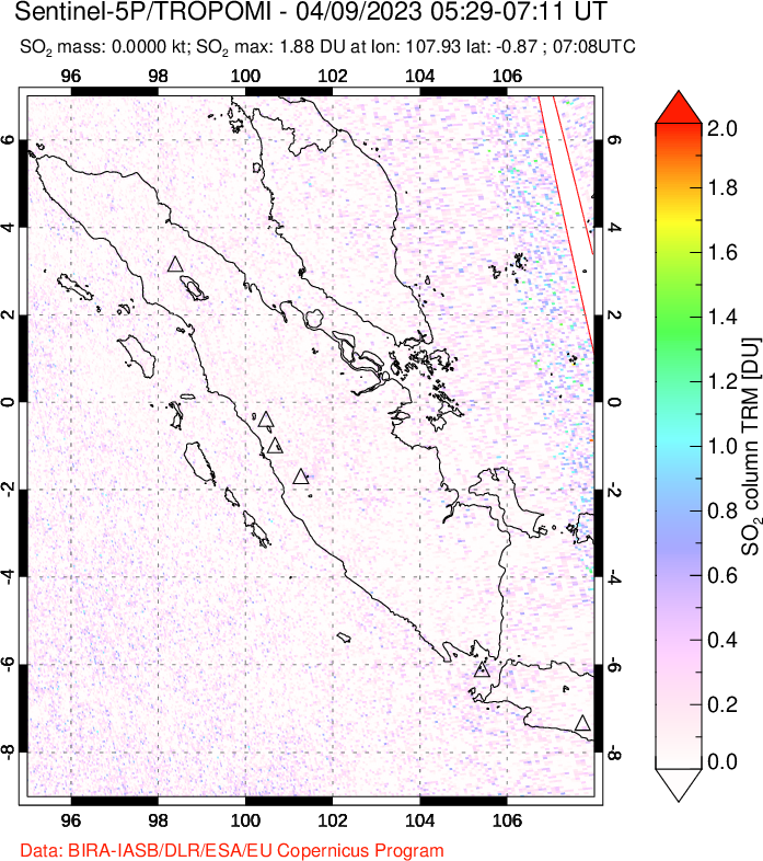 A sulfur dioxide image over Sumatra, Indonesia on Apr 09, 2023.