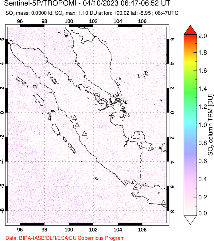 A sulfur dioxide image over Sumatra, Indonesia on Apr 10, 2023.