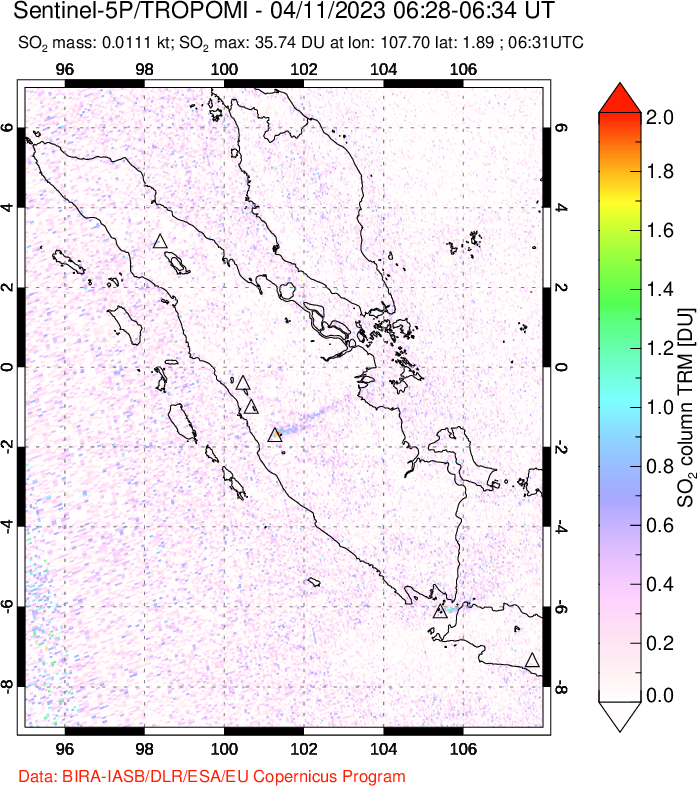 A sulfur dioxide image over Sumatra, Indonesia on Apr 11, 2023.