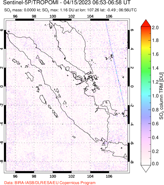 A sulfur dioxide image over Sumatra, Indonesia on Apr 15, 2023.