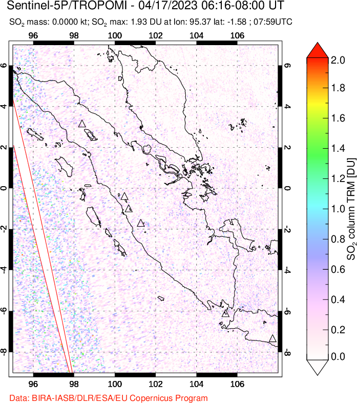 A sulfur dioxide image over Sumatra, Indonesia on Apr 17, 2023.