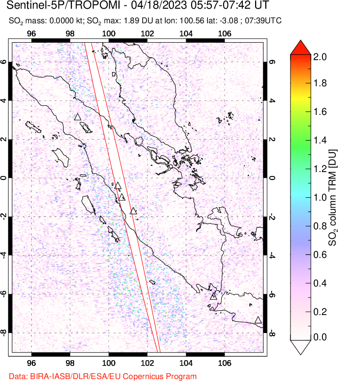 A sulfur dioxide image over Sumatra, Indonesia on Apr 18, 2023.