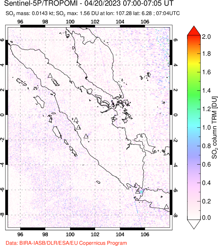 A sulfur dioxide image over Sumatra, Indonesia on Apr 20, 2023.