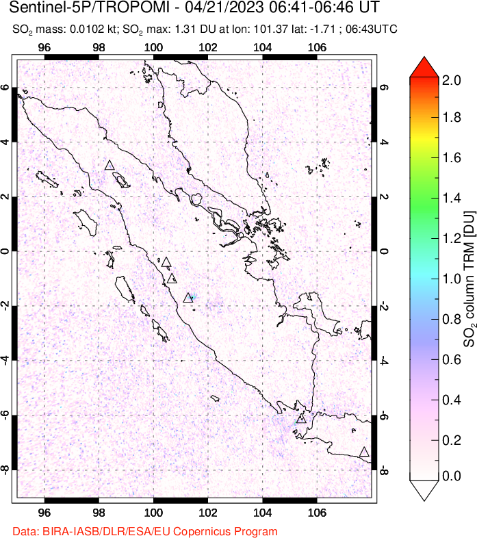 A sulfur dioxide image over Sumatra, Indonesia on Apr 21, 2023.