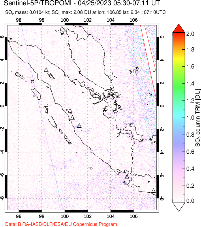 A sulfur dioxide image over Sumatra, Indonesia on Apr 25, 2023.