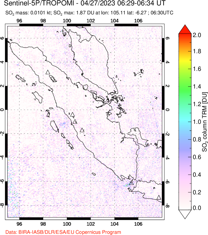 A sulfur dioxide image over Sumatra, Indonesia on Apr 27, 2023.